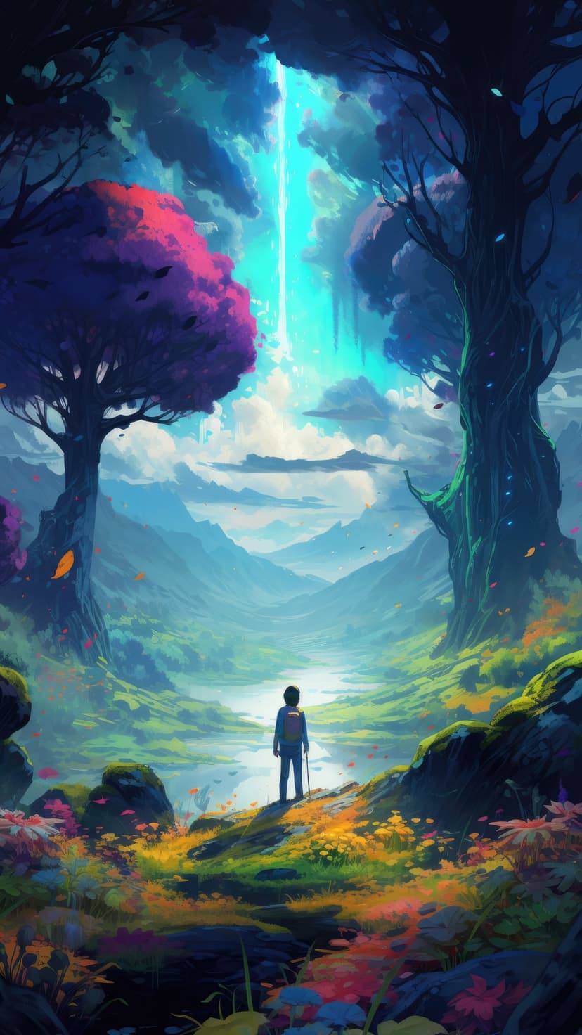 A traveler overlooks a massive waterfall framed by giant purple and green trees under a glowing sky.