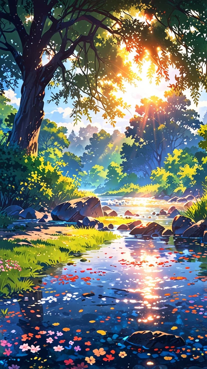 Sunlight beams through a forest onto a river with floating pink petals and mossy stones along the grassy bank.