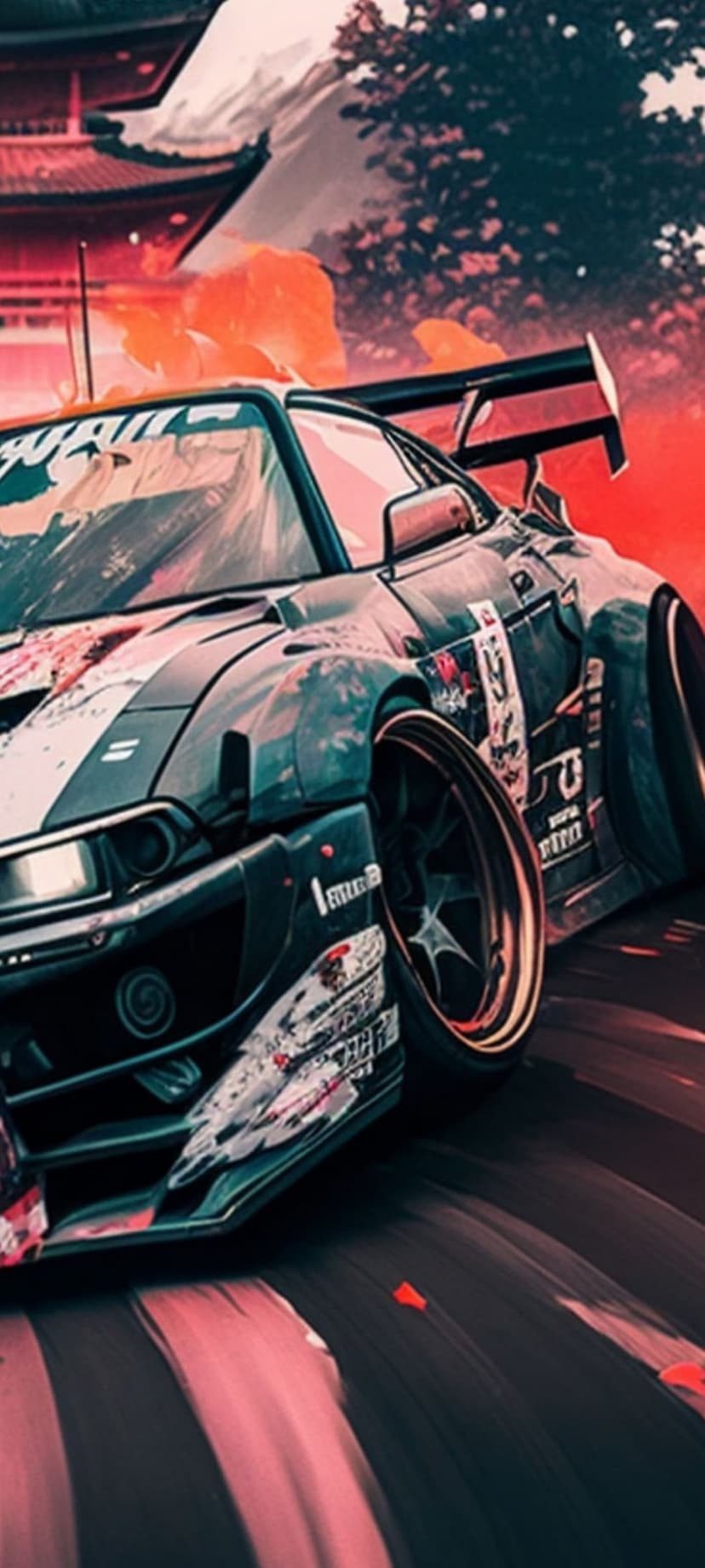 Nissan Silvia S13 drifting past a traditional Japanese temple during a vibrant red and orange sunset.