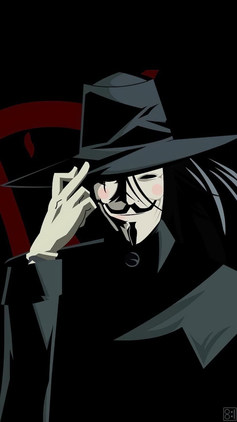 V from V for Vendetta wearing a Guy Fawkes mask and wide-brimmed hat with a red and black color scheme.