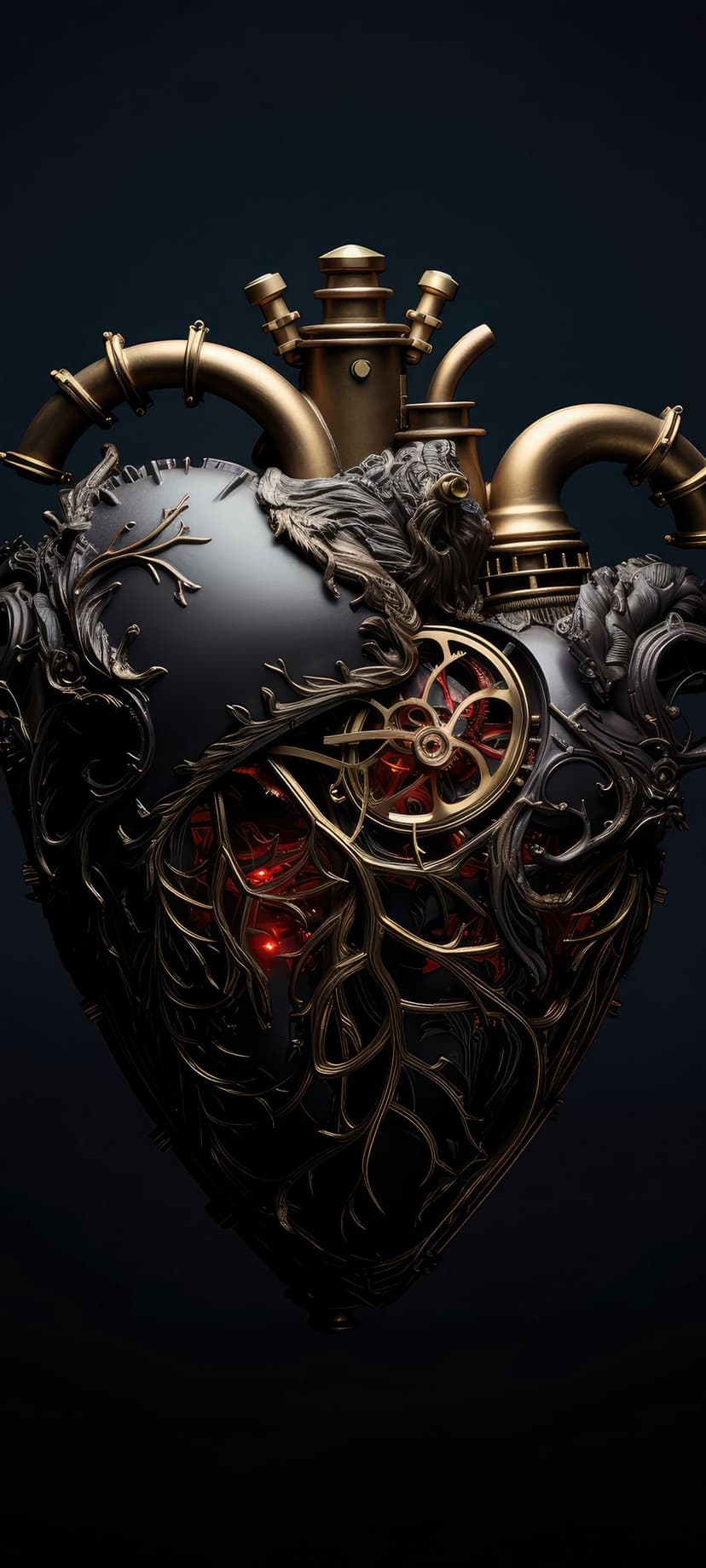 Steampunk heart made of brass gears and dark metal with a glowing red core and intertwined metallic vines.