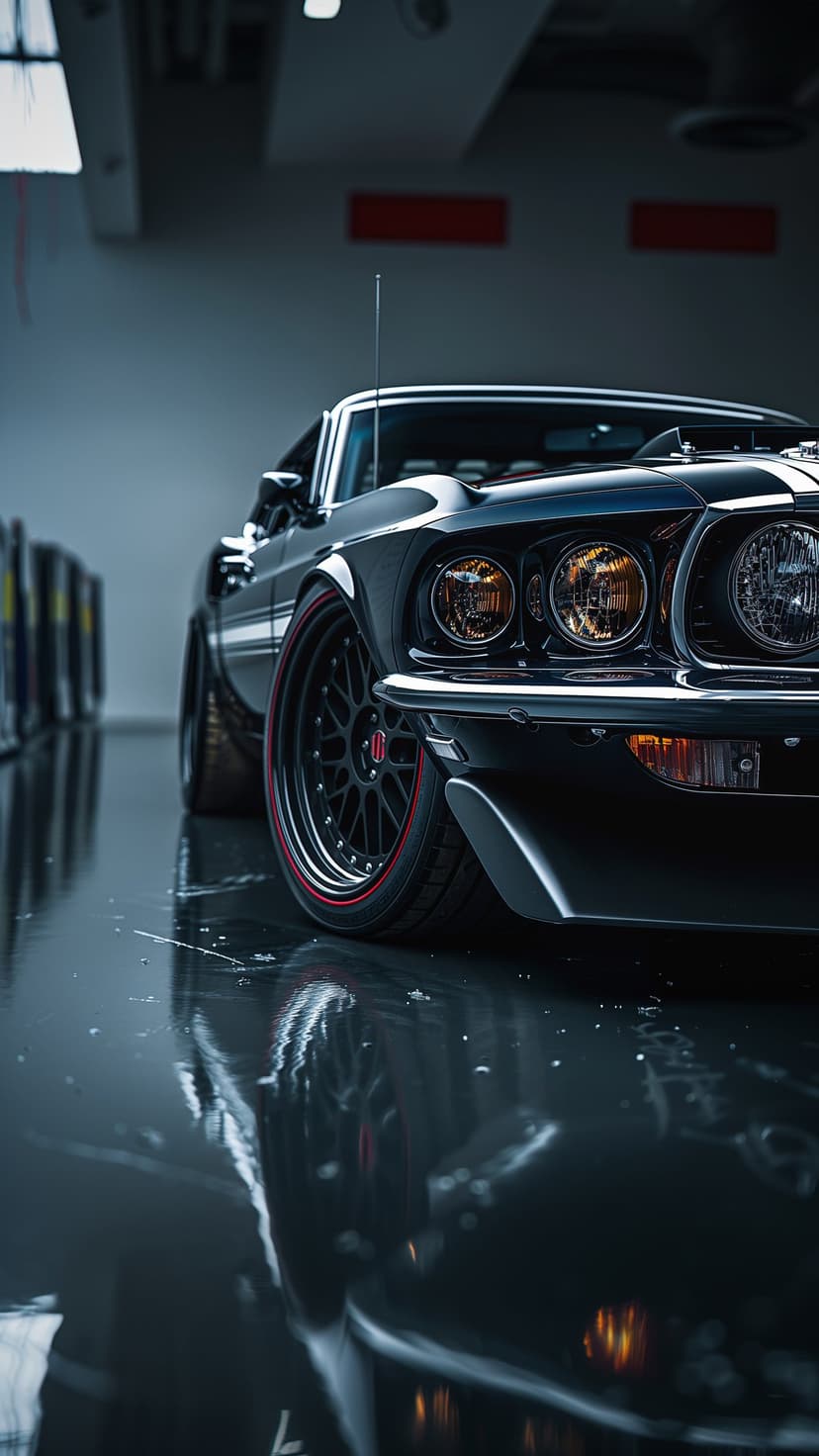 Black vintage Ford Mustang with racing stripes parked in a dark garage with red-accented wheels and floor reflections.