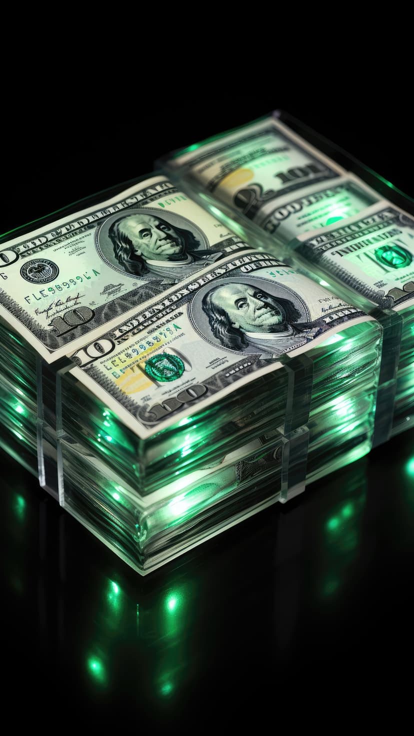 Stacks of hundred dollar bills wrapped in plastic straps glow with a vivid green light against a dark background.