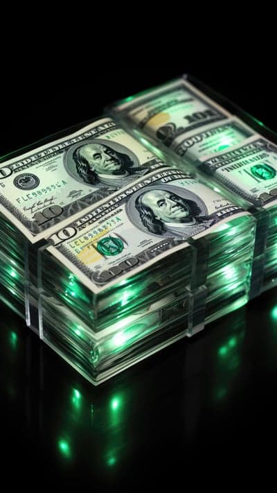 Stacks of 100 Dollar Bills Glow Green