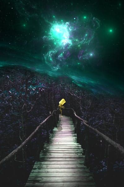 Mystical Forest Boardwalk with Cosmic Nebula Phone Wallpaper