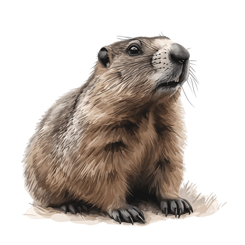 Groundhog sitting upright on light ground with detailed brown fur, sharp claws, and alert eyes in digital style.