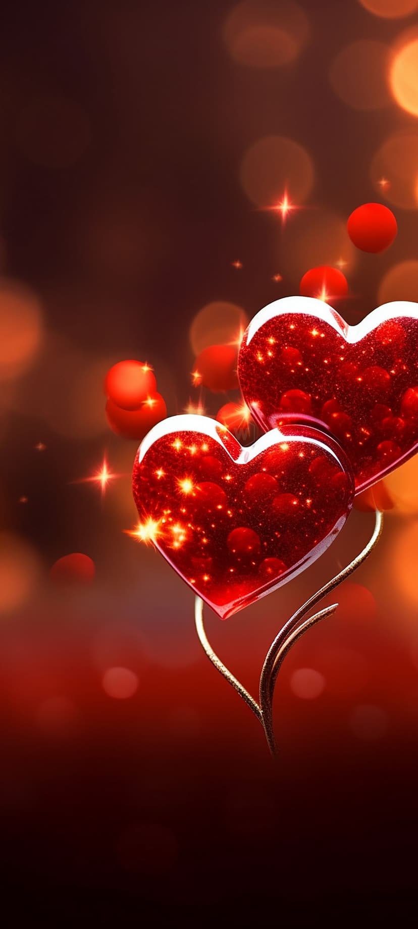 Two sparkling red heart ornaments wrapped in gold wire against a warm background of soft amber bokeh light circles.