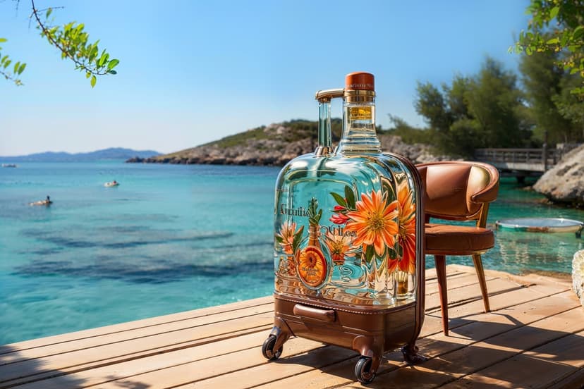 Giant tequila bottle suitcase with floral art on a wooden deck overlooking turquoise ocean waves and green hills.