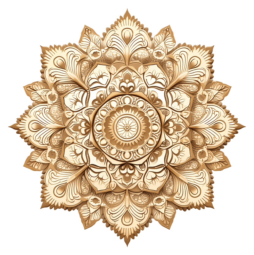 Gold mandala pattern featuring intricate circular symmetry and polished metallic linework on a transparent base.