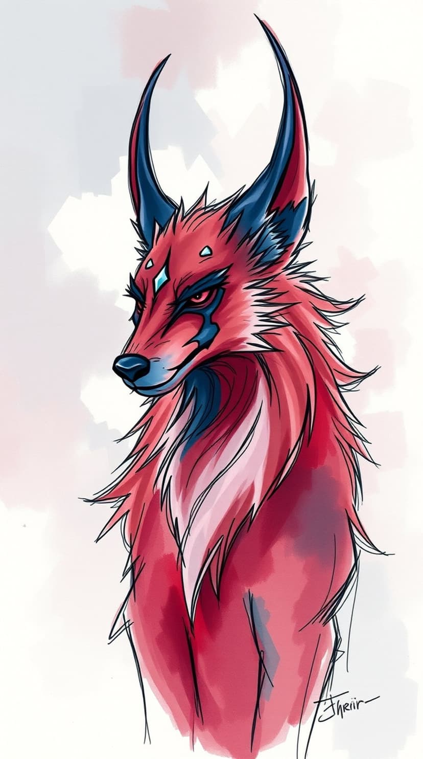 Crimson fox spirit with blue ear tips, sharp horns, and a diamond forehead mark gazes with piercing red eyes.