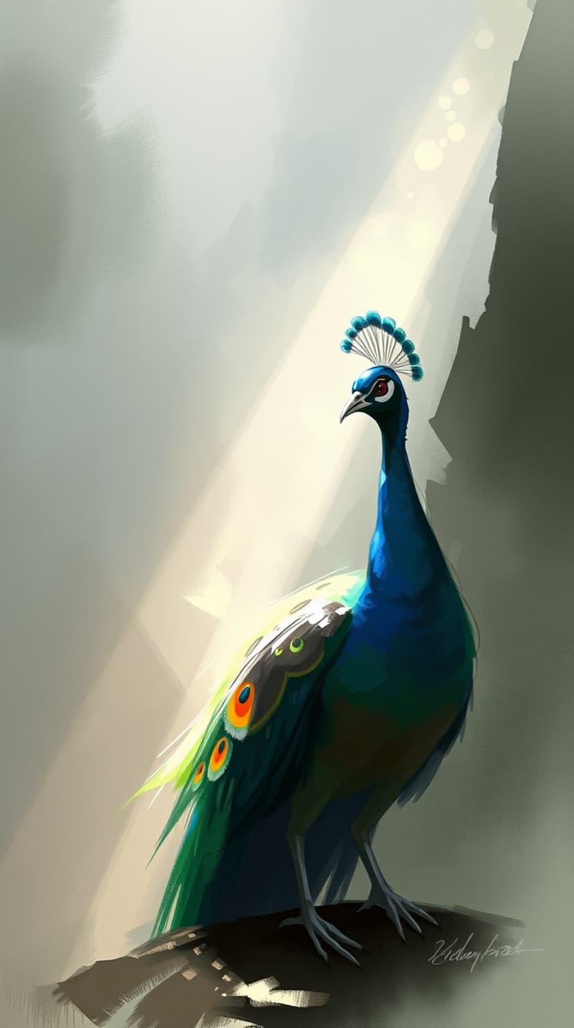 Peacock with iridescent blue feathers and a tall crest perched against a soft, glowing abstract background.