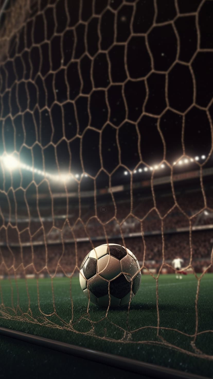 Soccer ball caught in a white goal net with bright stadium spotlights creating a soft bokeh background at night.