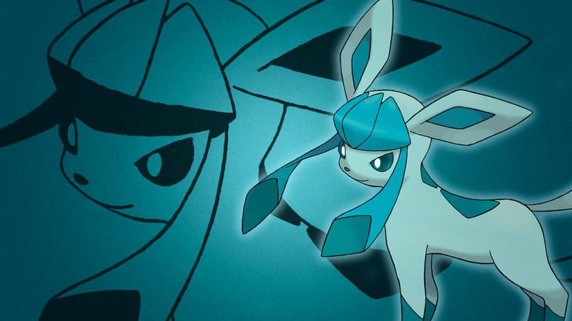 Glaceon with a glowing aura stands before a large stylized line-art silhouette on a textured teal background.