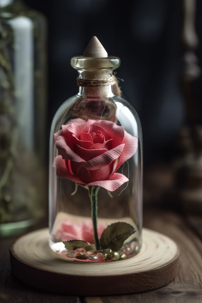 Pink rose preserved inside a glass bottle with a cork stopper on a wooden base decorated with tiny white beads.