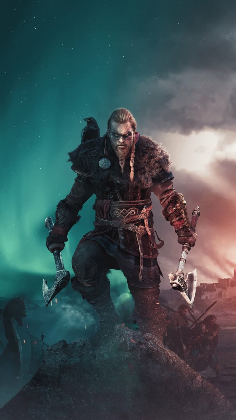 Viking warrior holding two axes with a raven on his shoulder against a red and green aurora borealis night sky.