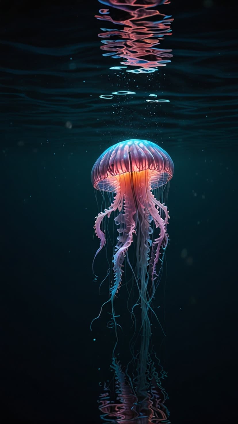 Glowing jellyfish with translucent pink bells and orange tentacles swimming in the dark depths of the ocean.