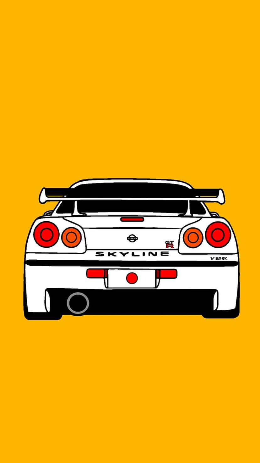 White Nissan Skyline R34 V-Spec rear view with round red taillights and spoiler on a solid yellow background.