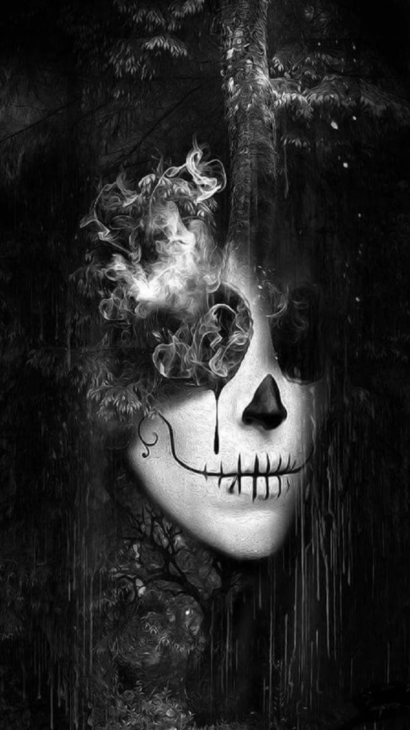 Skull face with intricate makeup and rising smoke trails amidst a dark forest with dripping vertical textures.
