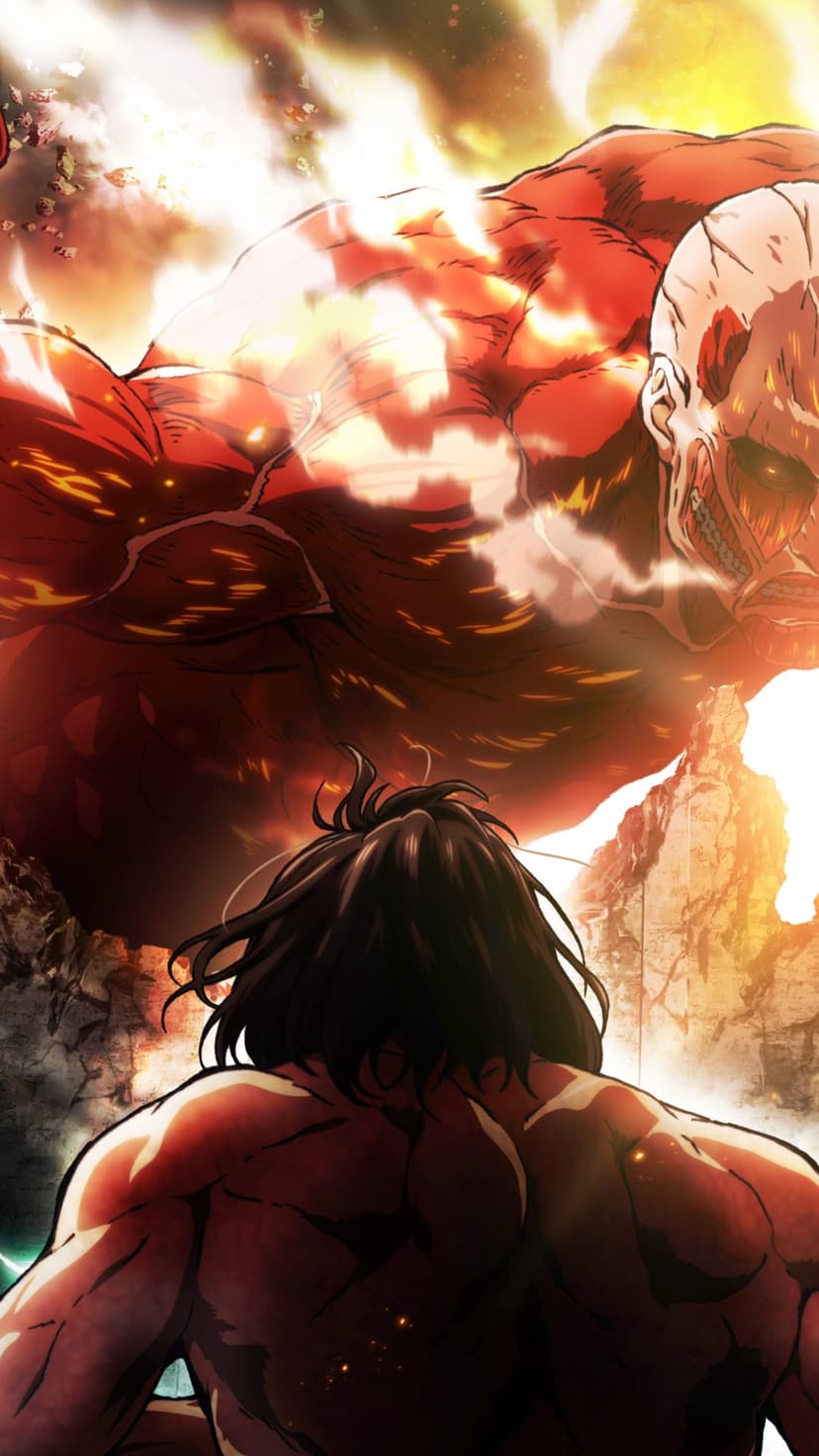 Eren Yeager's Titan stands before the skinless Colossal Titan during a fiery battle with smoke and embers.