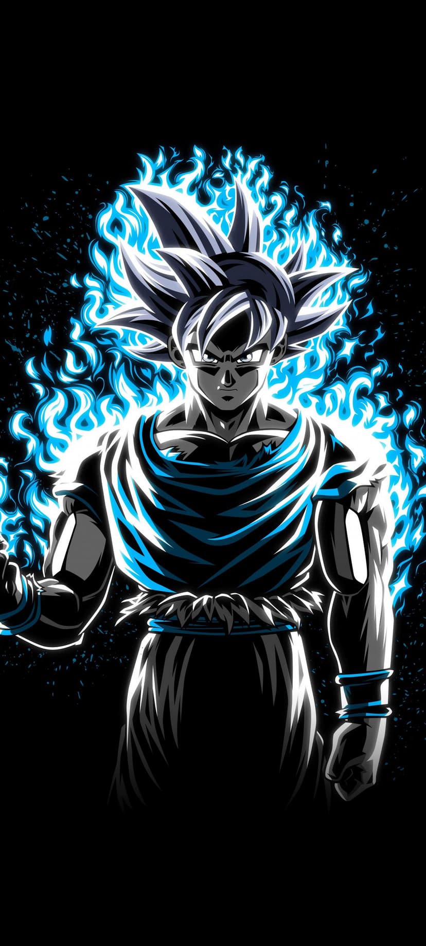 Goku in Ultra Instinct form stands centered, surrounded by a swirling blue energy aura and glowing particles.