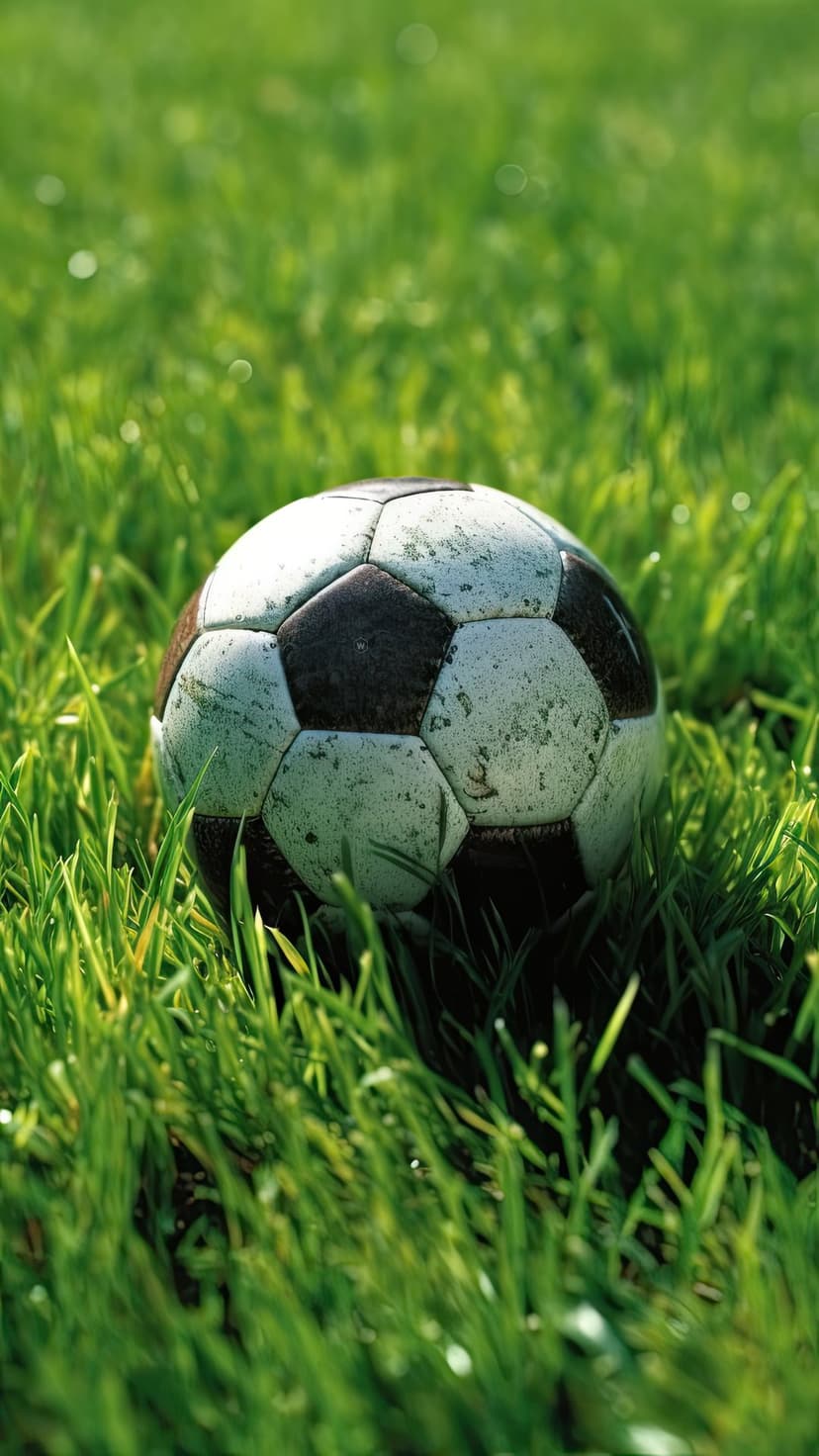 Soccer ball with black and white panels sits low in thick green grass covered in small water droplets under sunlight.