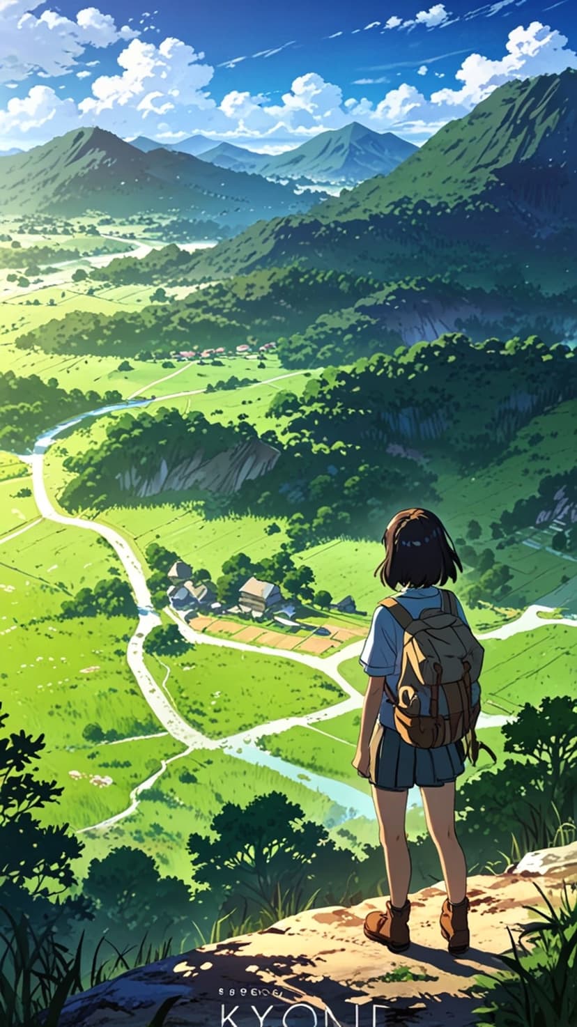 Girl with a backpack stands on a cliff overlooking a lush green valley, distant river, and blue mountain range.