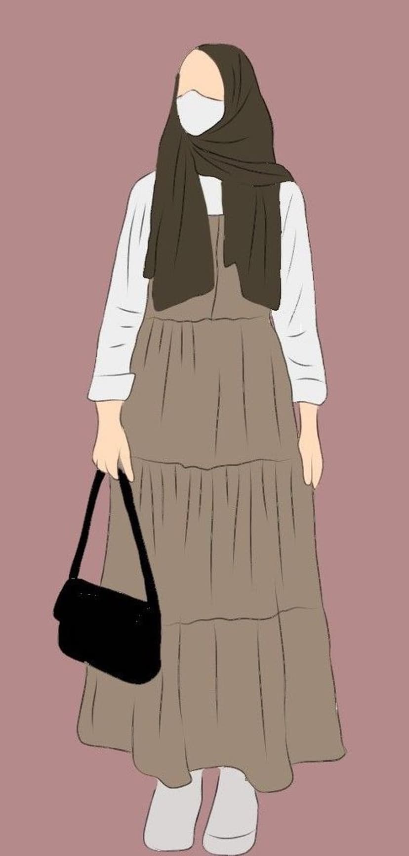 Woman wearing a dark brown hijab and taupe tiered dress with a black shoulder bag and white shoes.