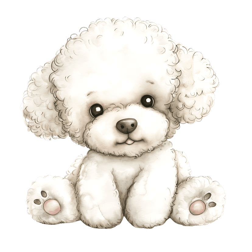 Bichon Frise puppy watercolor illustration shows a white dog with curly fur sitting on a black background.