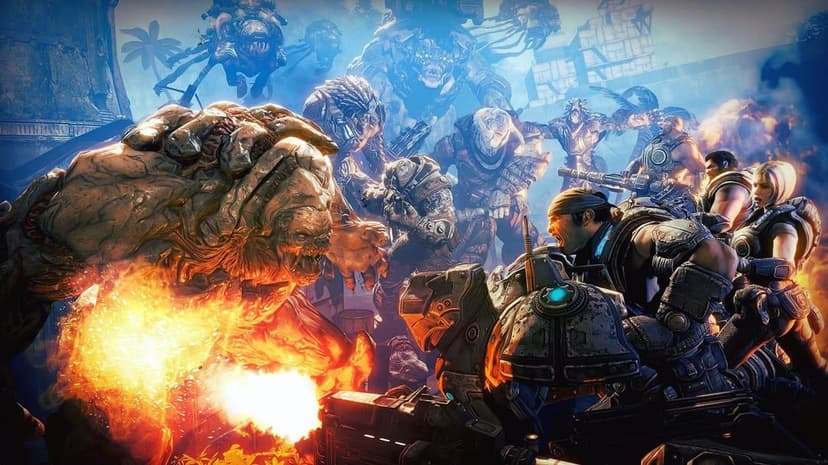 Marcus Fenix and Delta Squad fighting a glowing fire-breathing monster in a ruined urban sci-fi battlefield.
