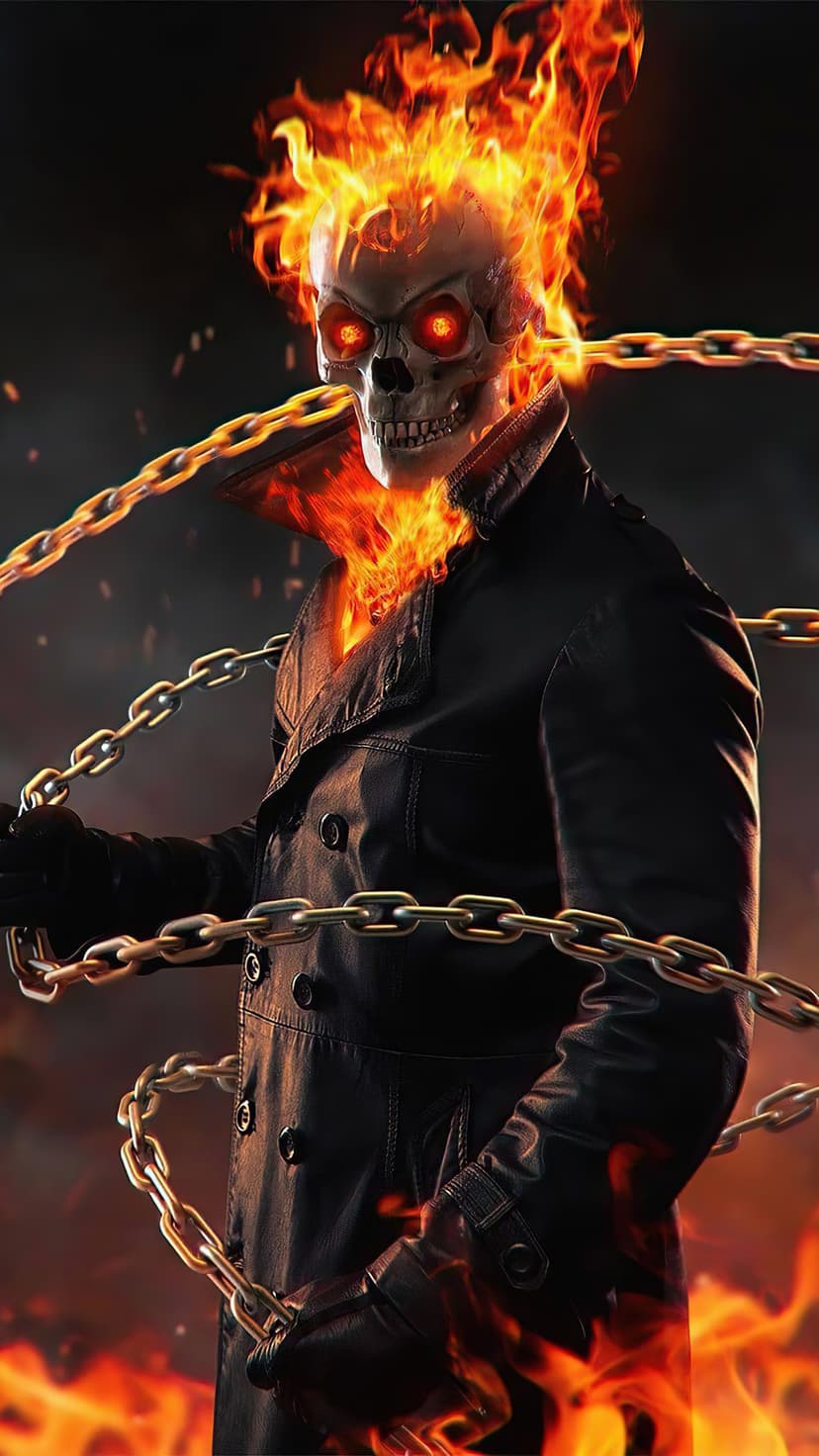 Ghost Rider’s flaming skeletal head with glowing red eyes wears a black leather coat amidst heavy metal chains.