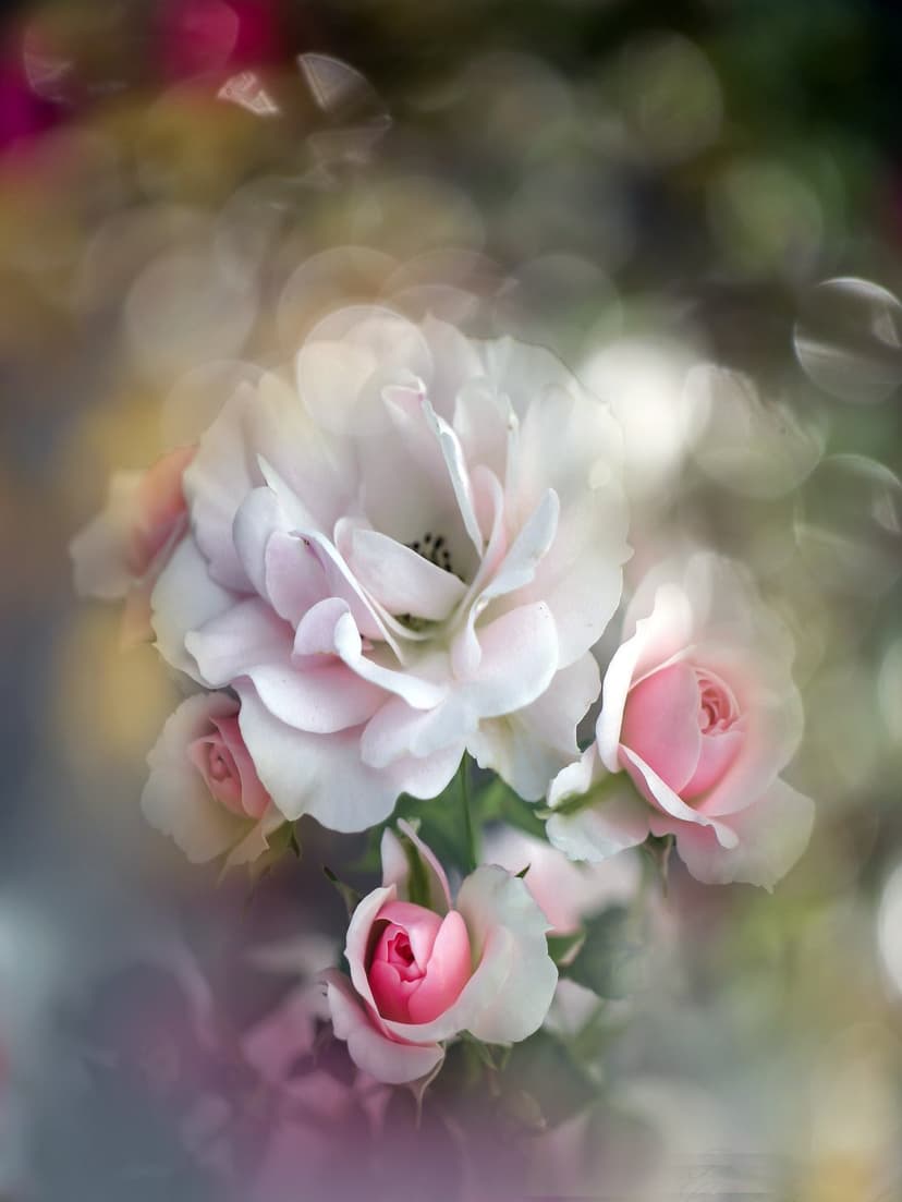 Pink rose blossoms with velvety petals sit against a backdrop of glowing circular bokeh lights in soft focus.