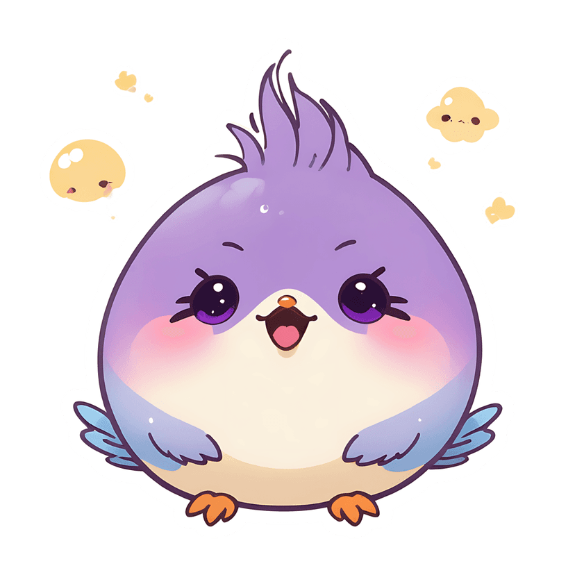 Lilac bird sticker illustration featuring blue wings, large glossy eyes, and yellow thought bubbles front view.