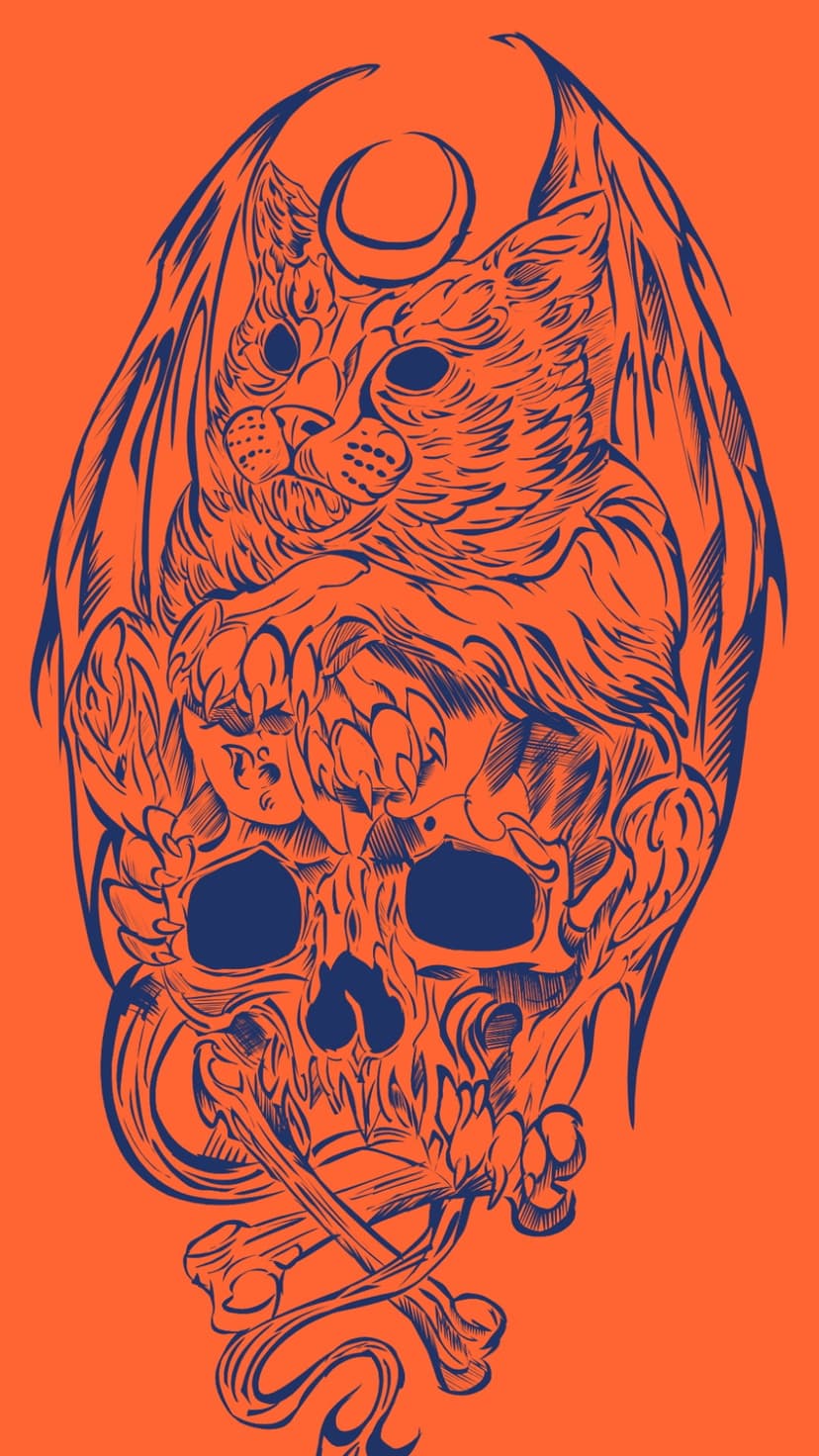 Winged cat with a crescent moon on its forehead perches on a human skull against a bright orange background.