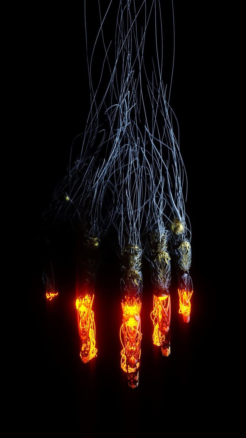 Cybernetic hand with glowing orange fingertips and black wired filaments set against a solid dark background.