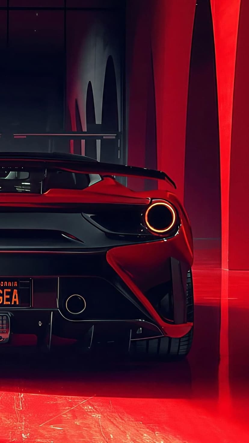 Red Ferrari sports car highlights a glowing round taillight and rear spoiler against curved studio architecture.