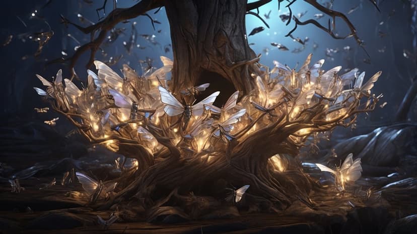 Gnarled ancient tree branches covered in glowing butterflies with golden wings against a dark forest background.