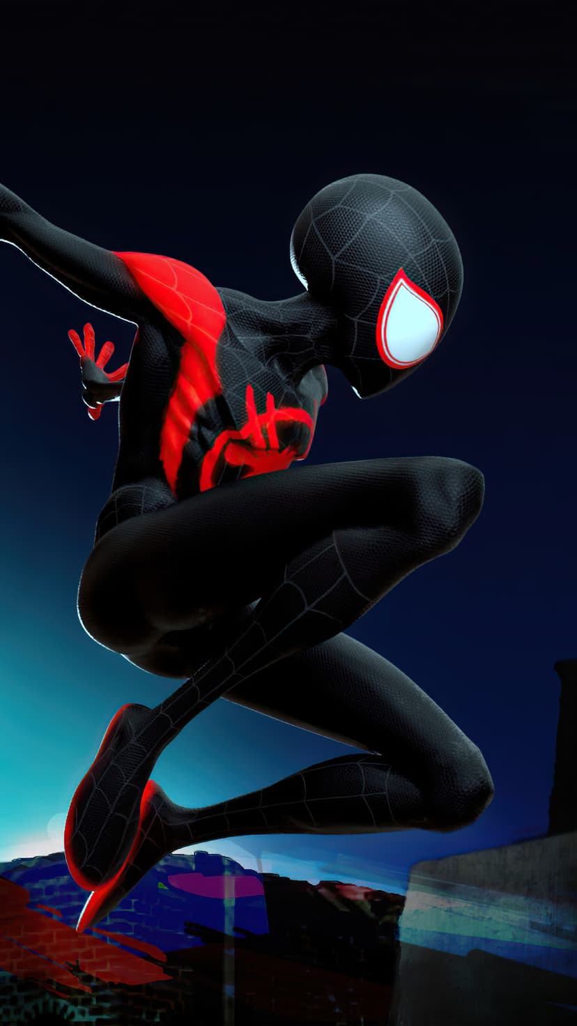 Miles Morales in a black and red suit jumps across a dark blue sky above a vibrant and blurry neon cityscape.
