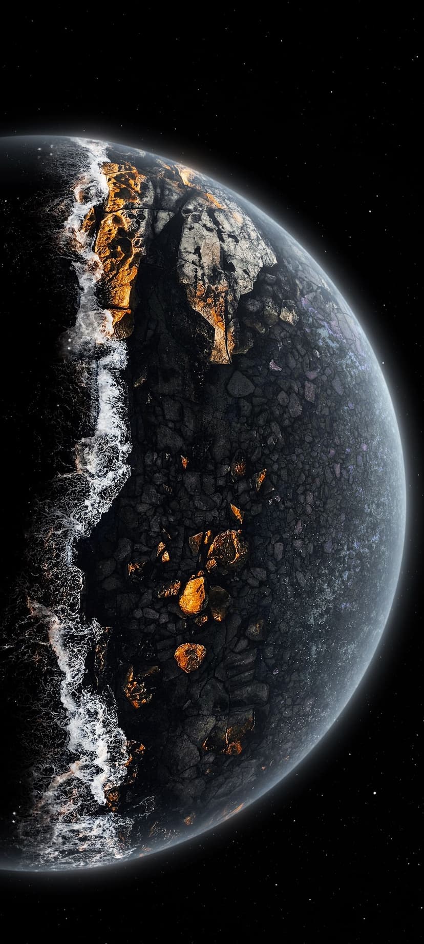 Luminescent orange rocks glow on a dark alien beach while white foamy waves crash under a starry night sky.