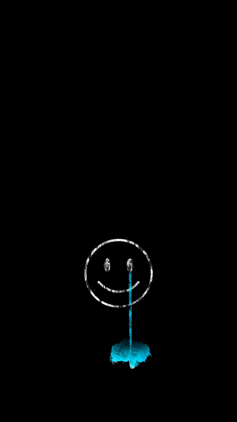 Sad yellow smiley face with vibrant blue tears pooling at the bottom against a deep black background.