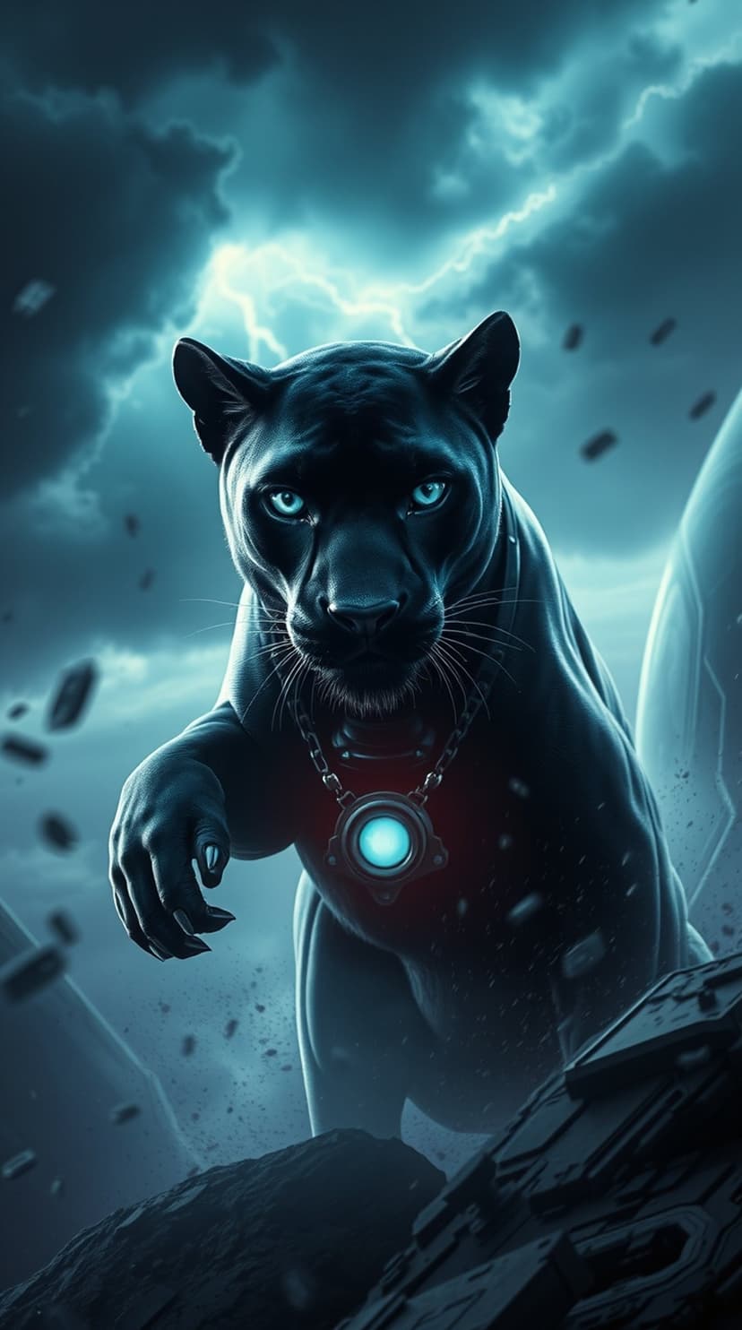 Black panther with glowing blue eyes and a pendant stands on rocks under a dark sky with lightning bolts.