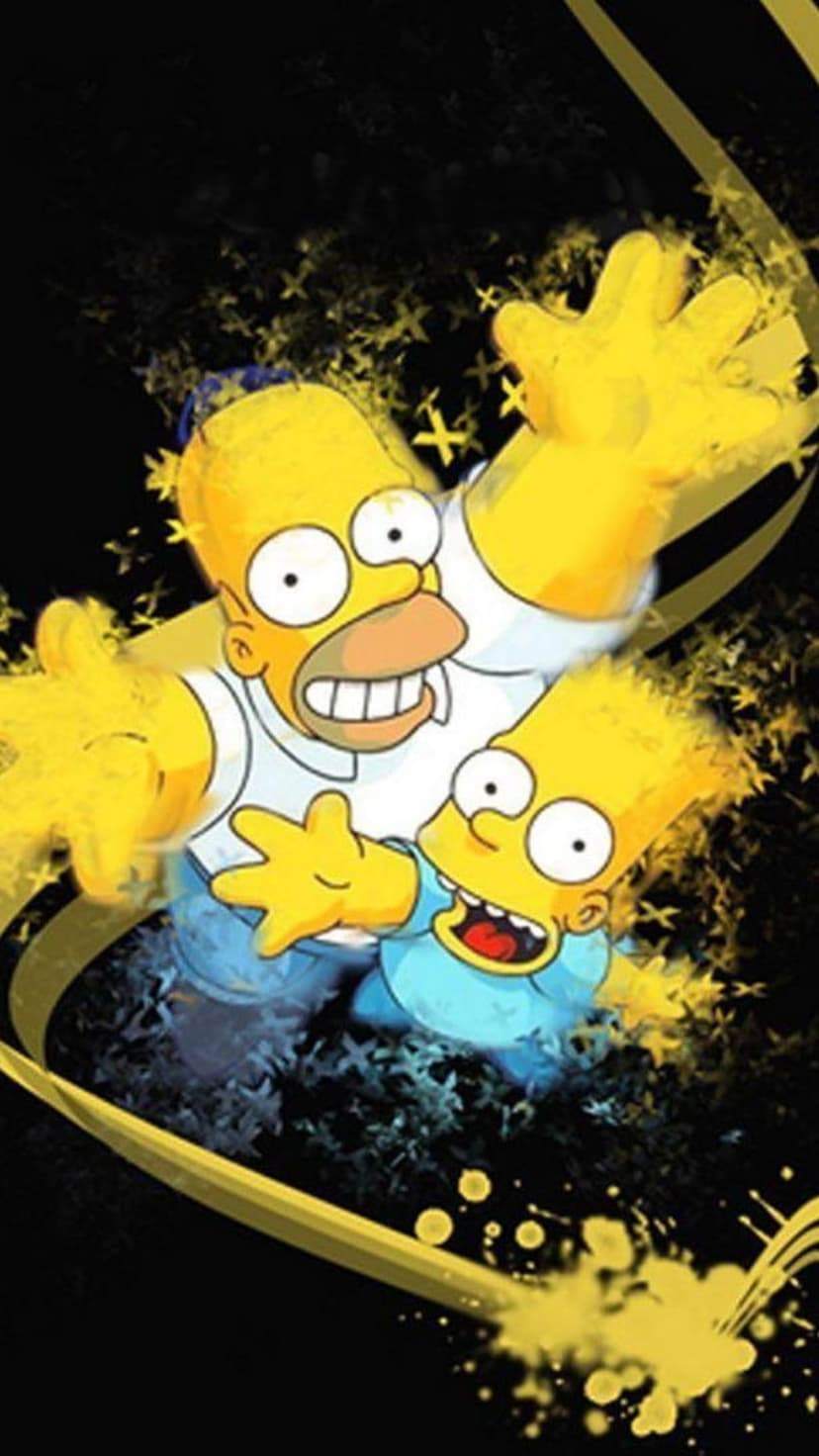 Homer and Bart Simpson stand amidst yellow paint splatters and small stars on a dark, gritty textured background.