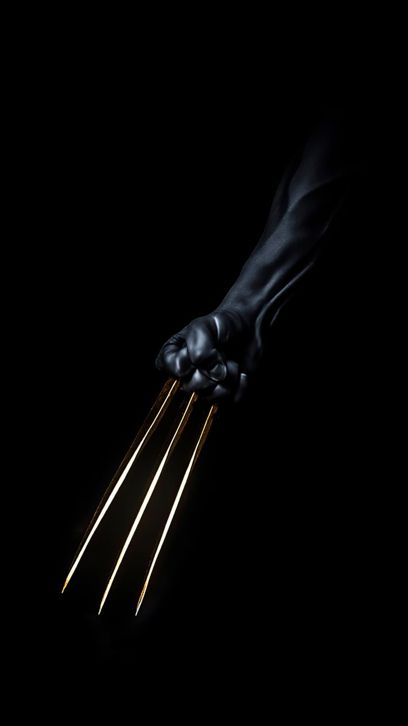 Wolverine's metallic adamantium blades emerge from a clenched fist against a deep black, minimalist background.