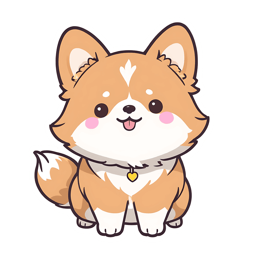 Corgi puppy sticker illustration with orange fur, white chest, pink cheeks, and a heart collar tag on white.
