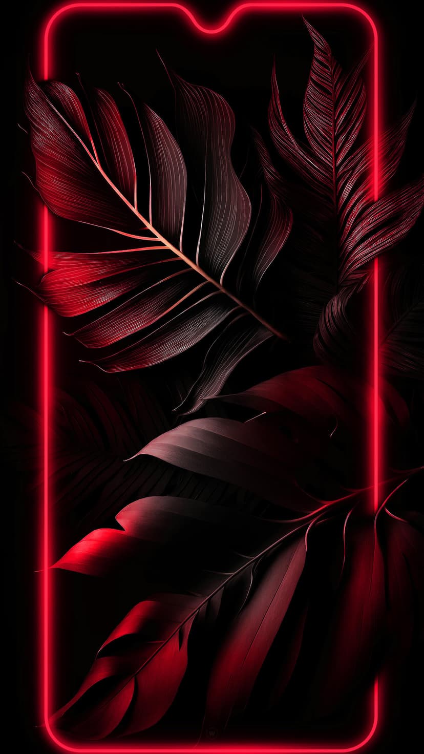 Crimson leaves featuring detailed vein structures sit within a vibrant red neon glowing rectangular border.