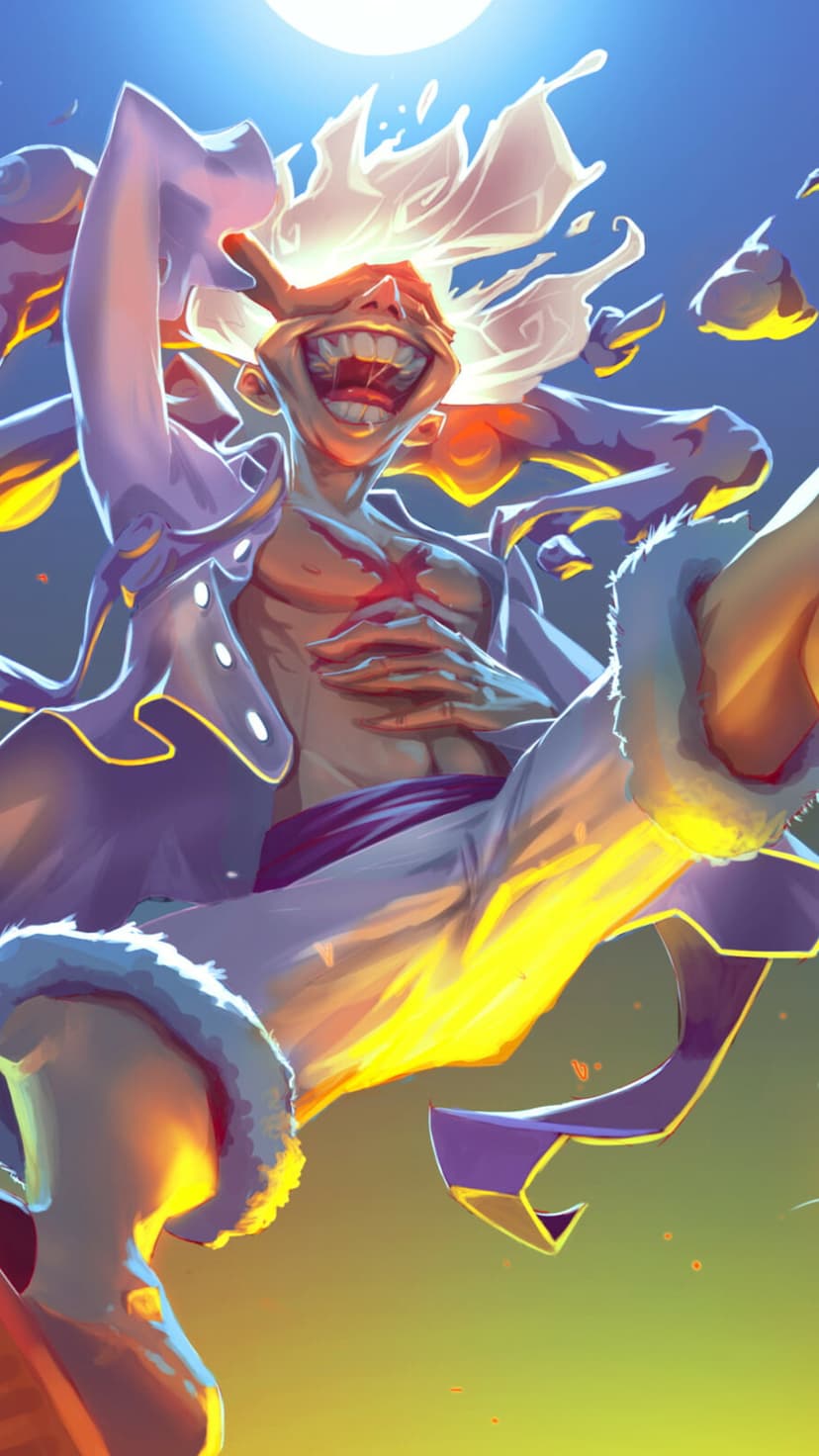 Monkey D. Luffy in Gear 5 Nika form laughs amidst white smoke and celestial light against a bright sky.