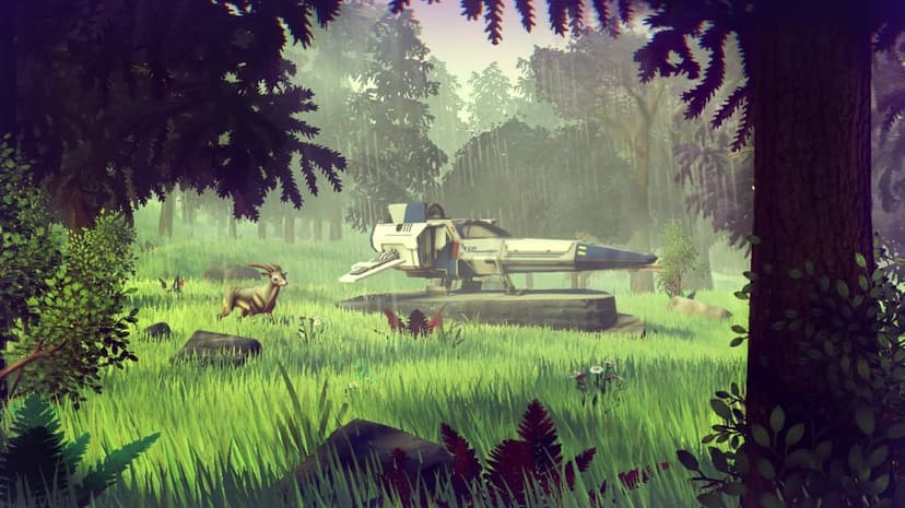 White starship on a landing pad in a misty rainy forest with a horned alien creature in the vibrant green grass.