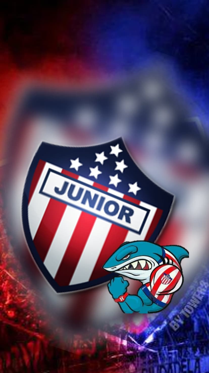 Shark mascot and Junior FC team shield centered on a dynamic red and blue gradient background with glowing edges.