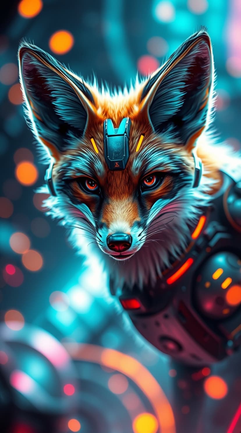 Bionic fox with orange eyes and mechanical armor plating against a blurry blue and orange neon light background.