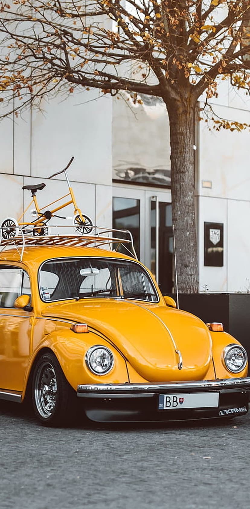 Yellow VW Beetle with a matching folding Brompton bicycle on its roof rack parked near an autumn tree and building.