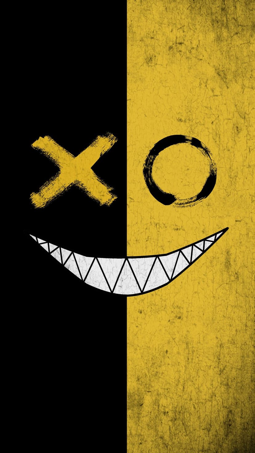 Split face mask with a yellow X eye and jagged white smile against a gritty, distressed black and yellow backdrop.